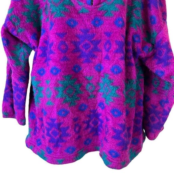 Vintage 90s Tribal Fuchsia Fleece Hoodie Pullover Sweater - Picture 4 of 12